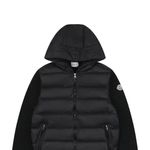 Mxxcler Knit-Sleeve Mixed Media Down Hoodie Jacket Black