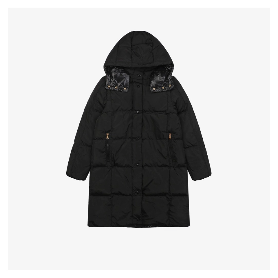 Mxxcler Litte Long Hooded Down Coat – Square Quilted Design #MS-992 (White/Black)