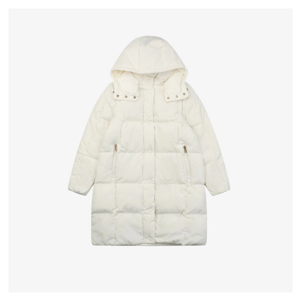 Mxxcler Litte Long Hooded Down Coat – Square Quilted Design #MS-992 (White/Black)
