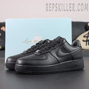 NOCTA x Nike Air Force 1 “Certified Lover Boy” with light blue box background showing elegant all-white design.