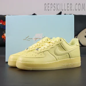 NOCTA x Nike Air Force 1 “Citron Tint” with blue branded box in background showing clean pastel tone.