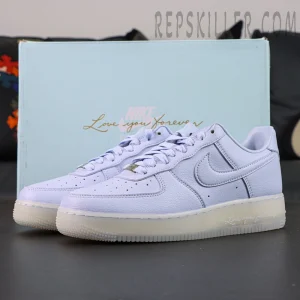 NOCTA x Air Force 1 “Palest Purple” with blue box background and “Love You Forever” text on midsole.