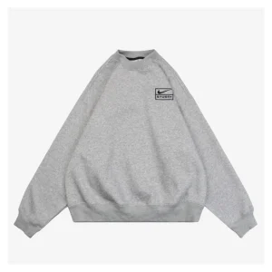 Nike x Stussy Box Logo Embroidered Fleece Crewneck Sweatshirt Grey Front view
