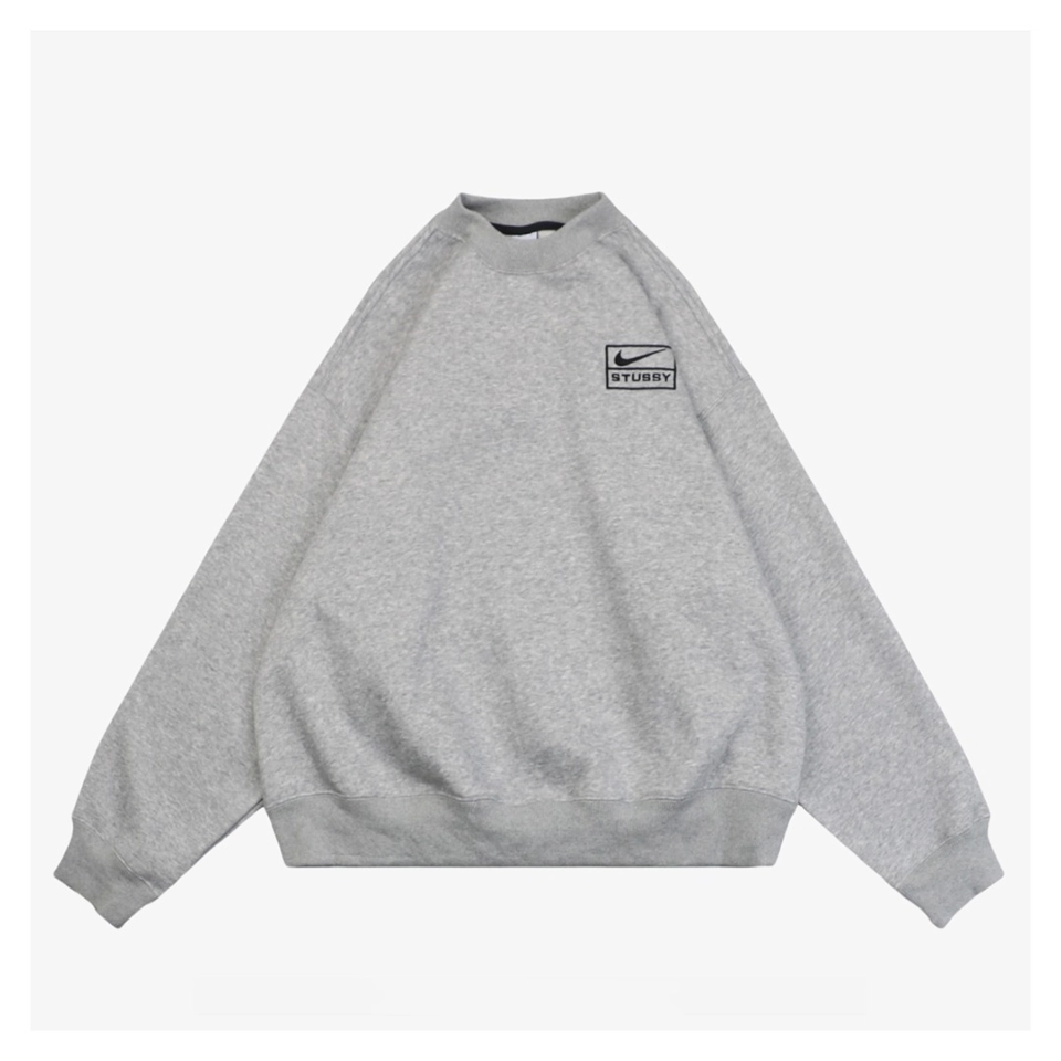 Nike x Stussy Box Logo Embroidered Fleece Crewneck Sweatshirt Grey Front view