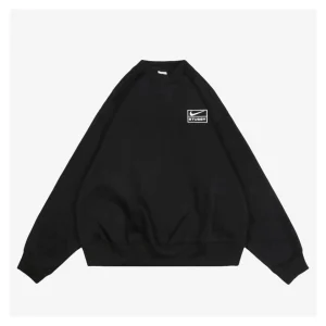 Nike x Stussy Box Logo Embroidered Fleece Crewneck Sweatshirt Black Fornt view
