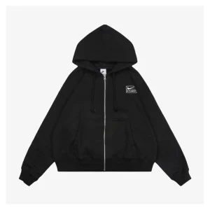 Nike x Stüssy Box Logo Embroidered Fleece-Lined Zip Hoodie Black Front view