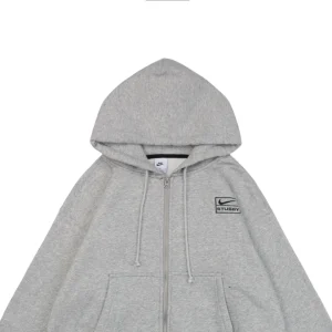 Nike x Stüssy Box Logo Embroidered Fleece-Lined Zip Hoodie Grey