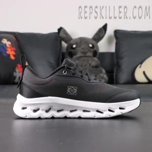 Lateral side of ON L × Cloudtilt 2 “Black” showing LOEWE embossed logo and sleek black mesh upper.