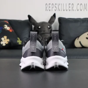 ON x LOEWE Cloudtilt 2 Grey sneakers heel view, showing LOEWE pull tab and OC logo