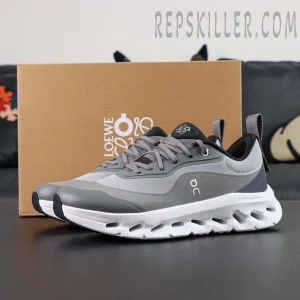 ON x LOEWE Cloudtilt 2 Grey shoes with box, lateral angle display