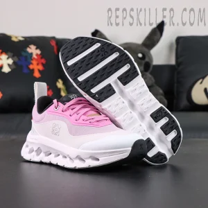 Outsole view of ON L × Cloudtilt 2 “Pink White” featuring black rubber traction and white cushioning system.