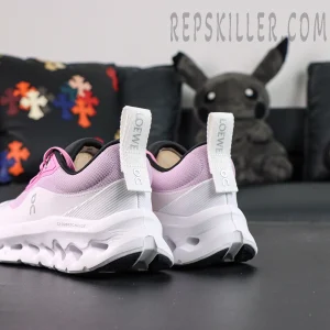 Rear angled view of ON L × Cloudtilt 2 “Pink White” highlighting sculpted heel design and pull tabs.