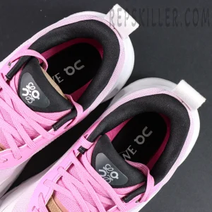 Overhead view of ON L × Cloudtilt 2 “Pink White” highlighting padded collar and co-branded insoles.