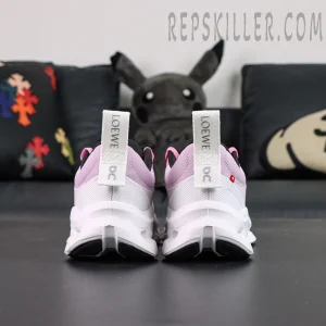 Back view of ON L × Cloudtilt 2 “Pink White” showing dual heel tabs with LOEWE and On branding.