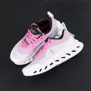 Top angled view of ON L × Cloudtilt 2 “Pink White” showing aerodynamic silhouette and contrast tones.