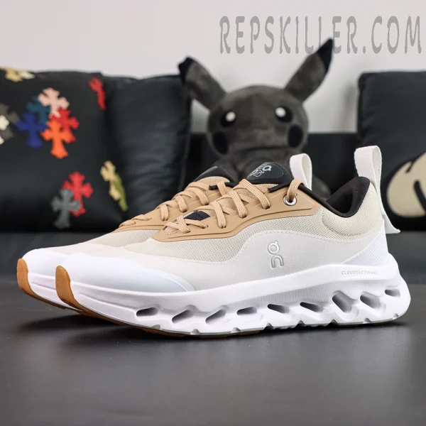 Side view of ON L × Cloudtilt 2 “Tan White” featuring beige overlays and lightweight white midsole.