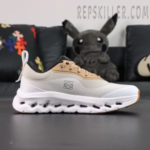 Lateral side of ON L × Cloudtilt 2 “Tan White” showing LOEWE logo embossed on upper panel.