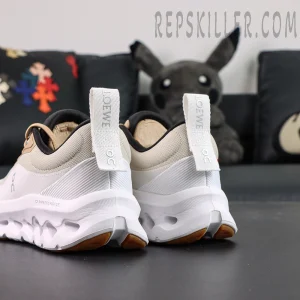 Rear heel view of ON L × Cloudtilt 2 “Tan White” with LOEWE pull tabs and dual-layer cushioning.