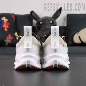 Back view of ON L × Cloudtilt 2 “Tan White” showing symmetrical heel tabs with LOEWE branding.