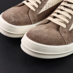 Close-up of DRKSHDW Porterville Vintage Low “Dust Milk” toe box highlighting taupe suede texture and off-white stitching details.