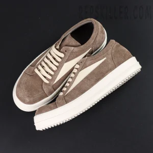 Top-down view of DRKSHDW Porterville Vintage Low “Dust Milk” showing minimalist lacing and suede upper.