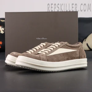 DRKSHDW Porterville Vintage Low “Dust Milk” sneakers with box in background, featuring taupe suede upper and milk-white sole.