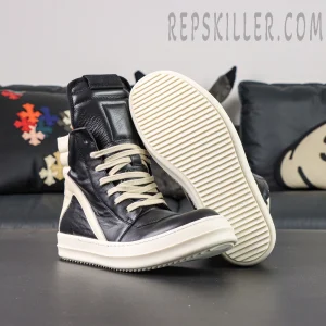 Porterville Geobasket ‘Black Milk’ high-top sneakers displayed with one shoe showing the ribbed outsole.
