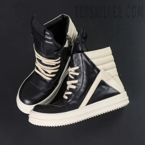 Top-down layout of Porterville Geobasket ‘Black Milk’ high-top sneakers.