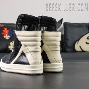 Rear view of Porterville Geobasket ‘Black Milk’ showing padded cream leather heel panels.