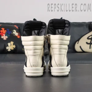 Back-angle shot of Porterville Geobasket ‘Black Milk’ sneakers displaying heel construction.