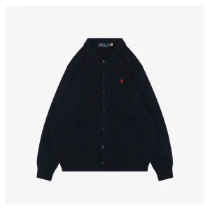 Ralph Lauren Polo Pony Embroidered Cable-Knit Cardigan Black Front view