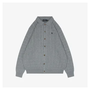 Ralph Lauren Polo Pony Embroidered Cable-Knit Cardigan Grey Front view