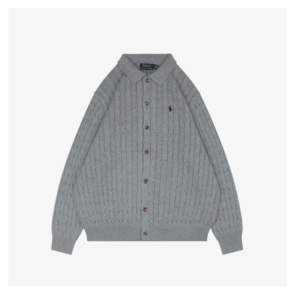 Ralph Lauren Polo Pony Embroidered Cable-Knit Cardigan Grey Front view