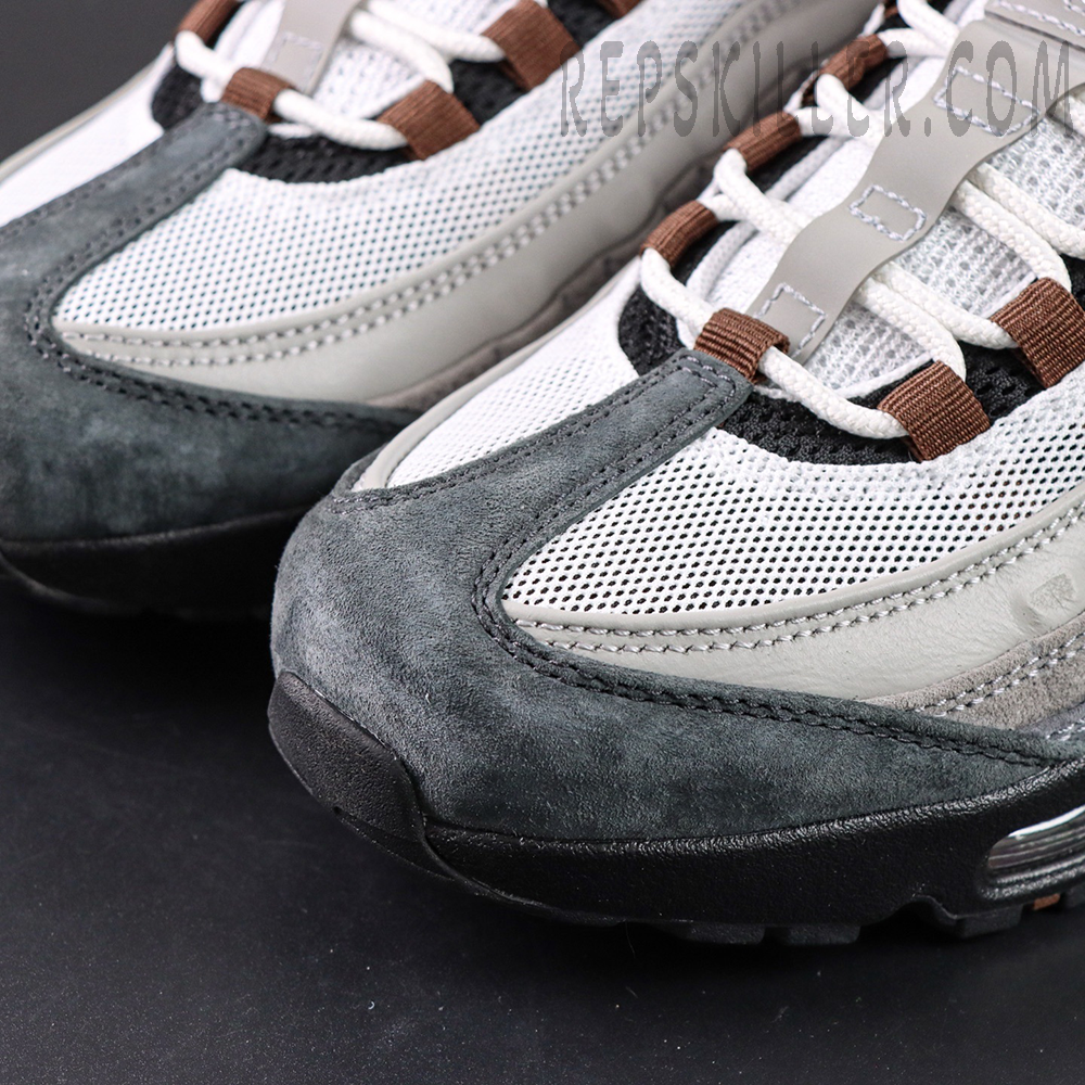 Close-up of Nike SB x Air Max 95 “Cacao Wow” toe box highlighting grey suede and white mesh textures.