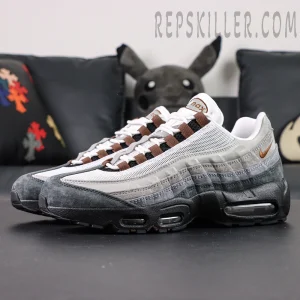 Side view of Nike SB x Air Max 95 “Cacao Wow” showcasing brown lace loops and layered gradient panels.