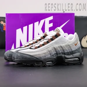 Nike SB x Air Max 95 “Cacao Wow” with purple Nike SB box in background, featuring neutral grey and brown tones.