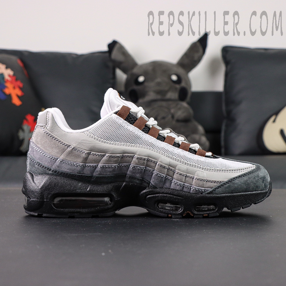 Side profile of Nike SB x Air Max 95 “Cacao Wow” showing gradient grey suede upper with brown accents.