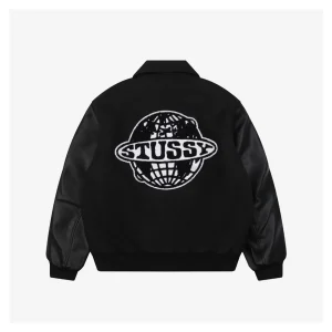 Stussy Earth Embroidery Leather Varsity Jacket Back view