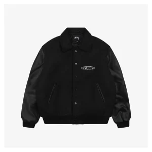 Stussy Earth Embroidery Leather Varsity Jacket