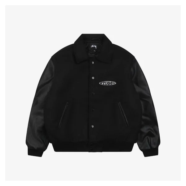 Stussy Earth Embroidery Leather Varsity Jacket
