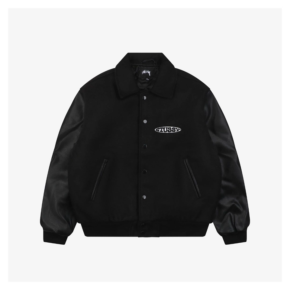 Stussy Earth Embroidery Leather Varsity Jacket