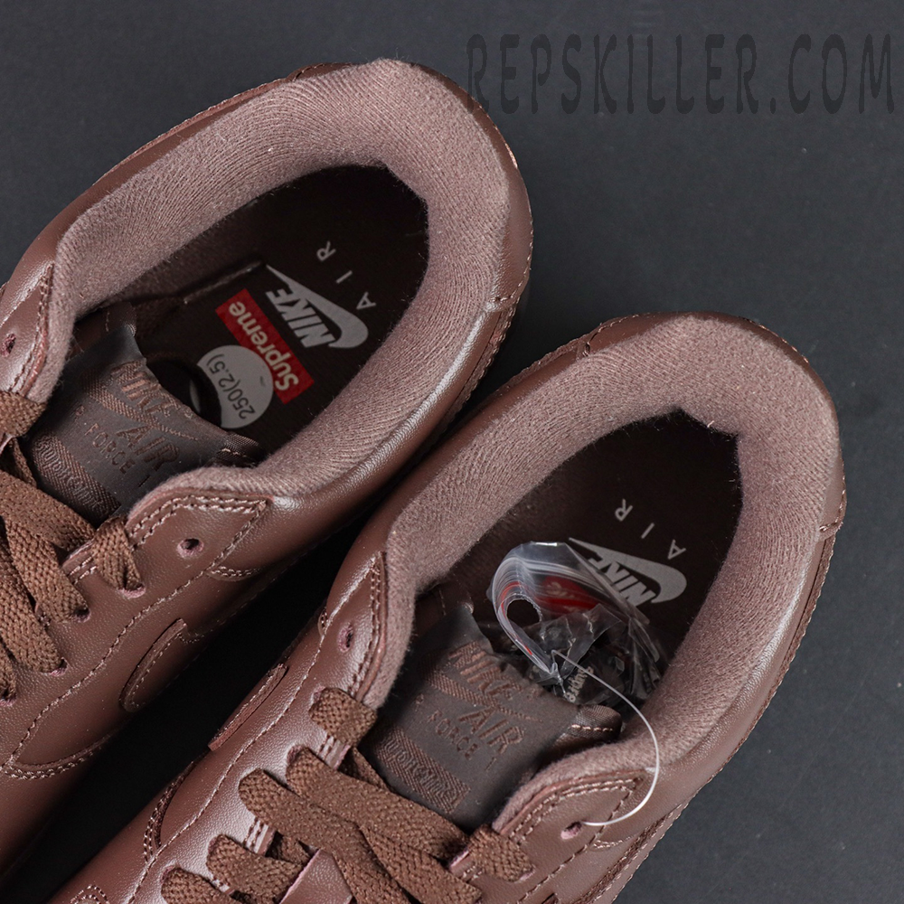Top view of Sup x Air Force 1 Low SP ‘Box Logo - Baroque Brown’ showing Nike Air and Supreme co-branded insoles
