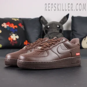 Angled side shot of Sup x Air Force 1 Low SP ‘Box Logo - Baroque Brown’ with matching brown outsole