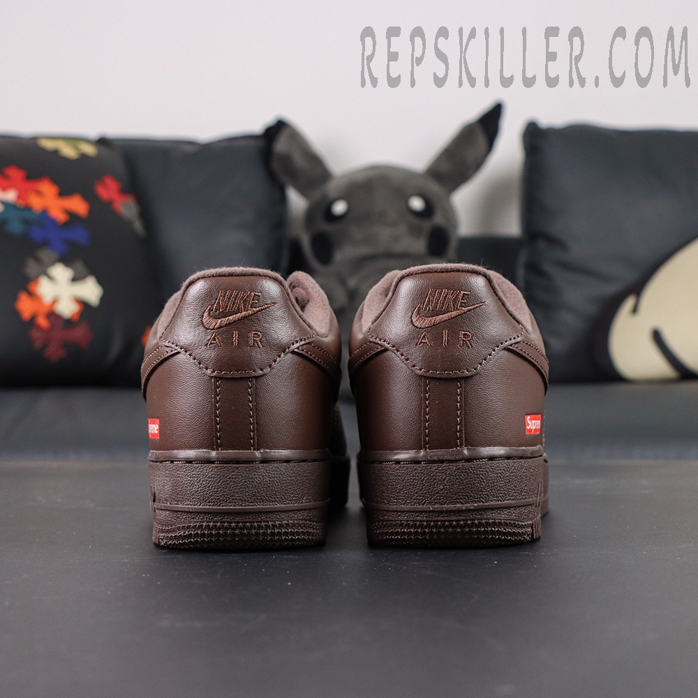 Back view of Sup x Air Force 1 Low SP ‘Box Logo - Baroque Brown’ displaying dual Nike and Supreme branding