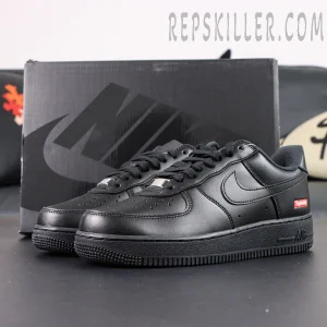 Sup x Air Force 1 Low SP ‘Box Logo - Black’ with Nike shoebox in background and monochrome design