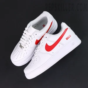 Overhead view of Supreme x Nike Air Force 1 Low SP ‘Box Logo - Speed Red’ showing full-grain leather and classic silhouette