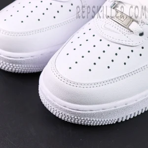 Close-up of Supreme x Nike Air Force 1 Low SP ‘Box Logo - White Black’ perforated toe box and stitching texture