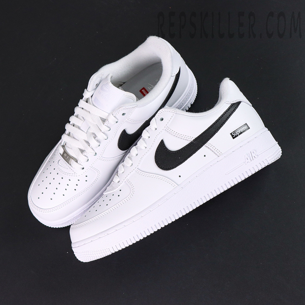 Top view of Supreme x Nike Air Force 1 Low SP ‘Box Logo - White Black’ highlighting smooth leather and metal lace dubrae