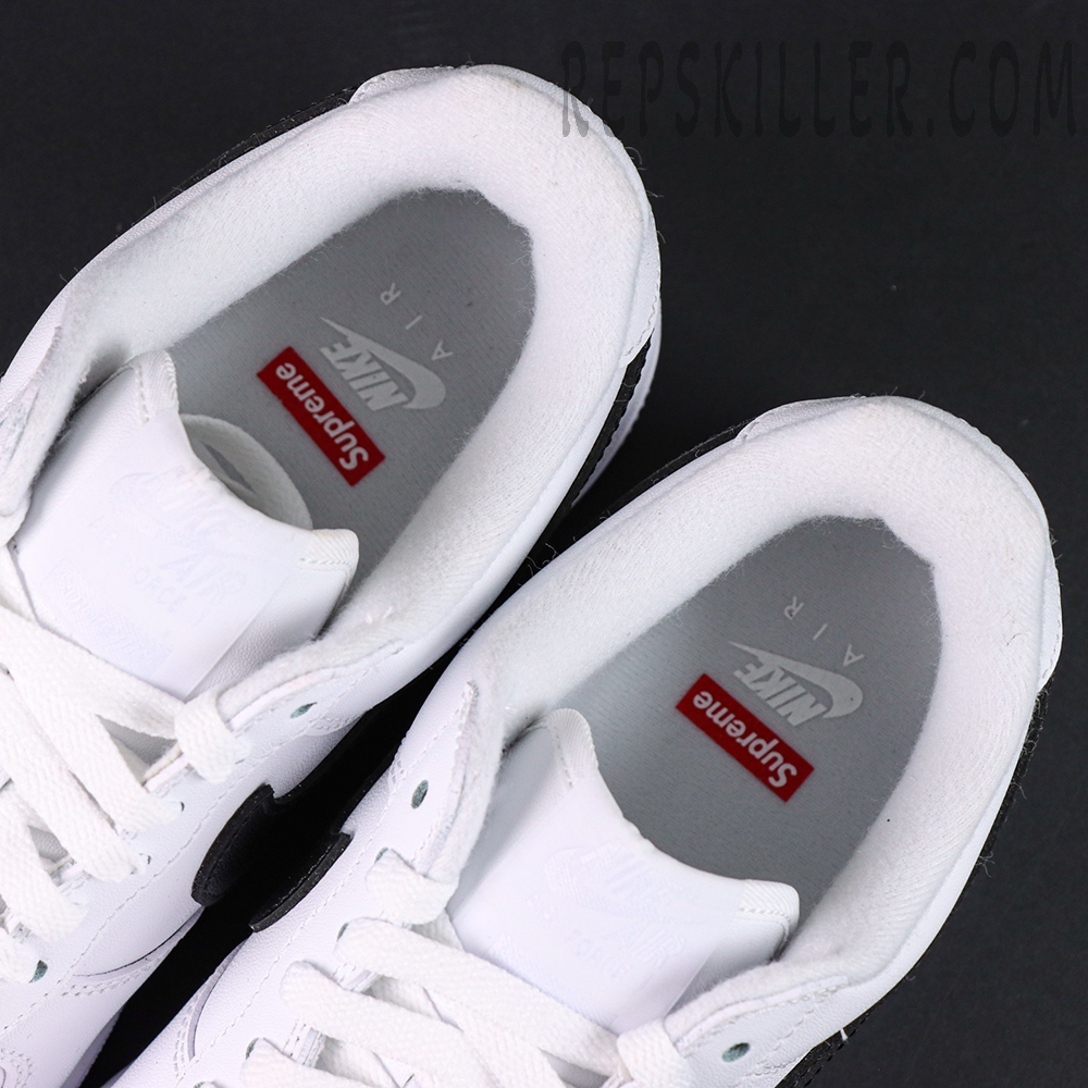 Insole view of Supreme x Nike Air Force 1 Low SP ‘Box Logo - White Black’ featuring Nike Air and Supreme co-branding