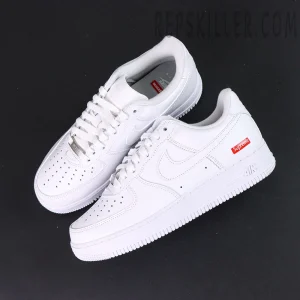 Overhead angle of Supreme x Nike Air Force 1 Low SP ‘Box Logo - White’ displaying full-grain white leather construction